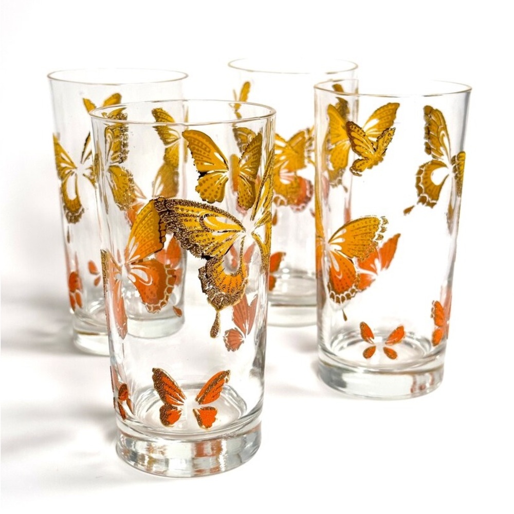 Vintage Glassware Cups, Set Of 4, 22k Gold Painted Butterflies